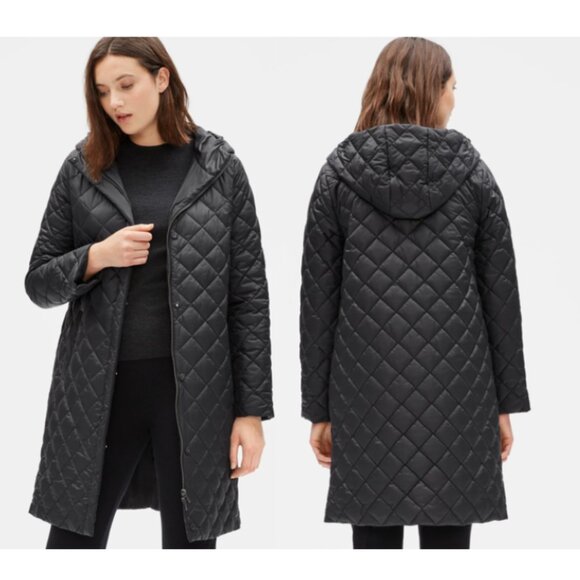 Eileen Fisher Jackets & Blazers - Eileen Fisher Diamond Pattern Puffer Black Recycled Nylon Hooded Coat